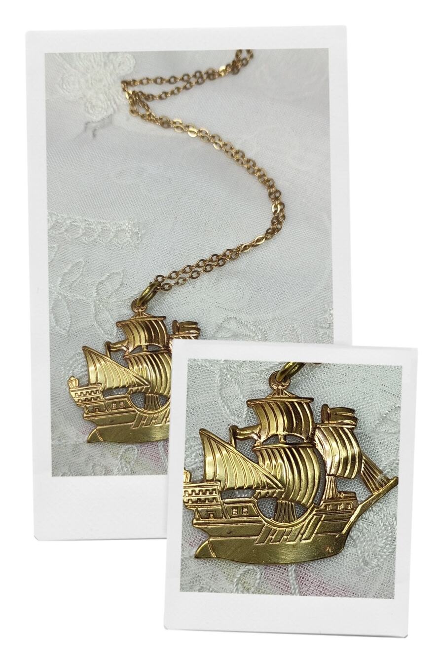 Antique Kinderhook Brass Sailing Ship Pendant on 18" Chain
